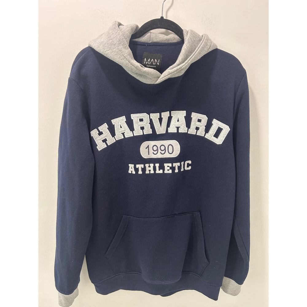 boohooMAN Harvard 1990 Athletic Hoodie Navy Grey Tall Small